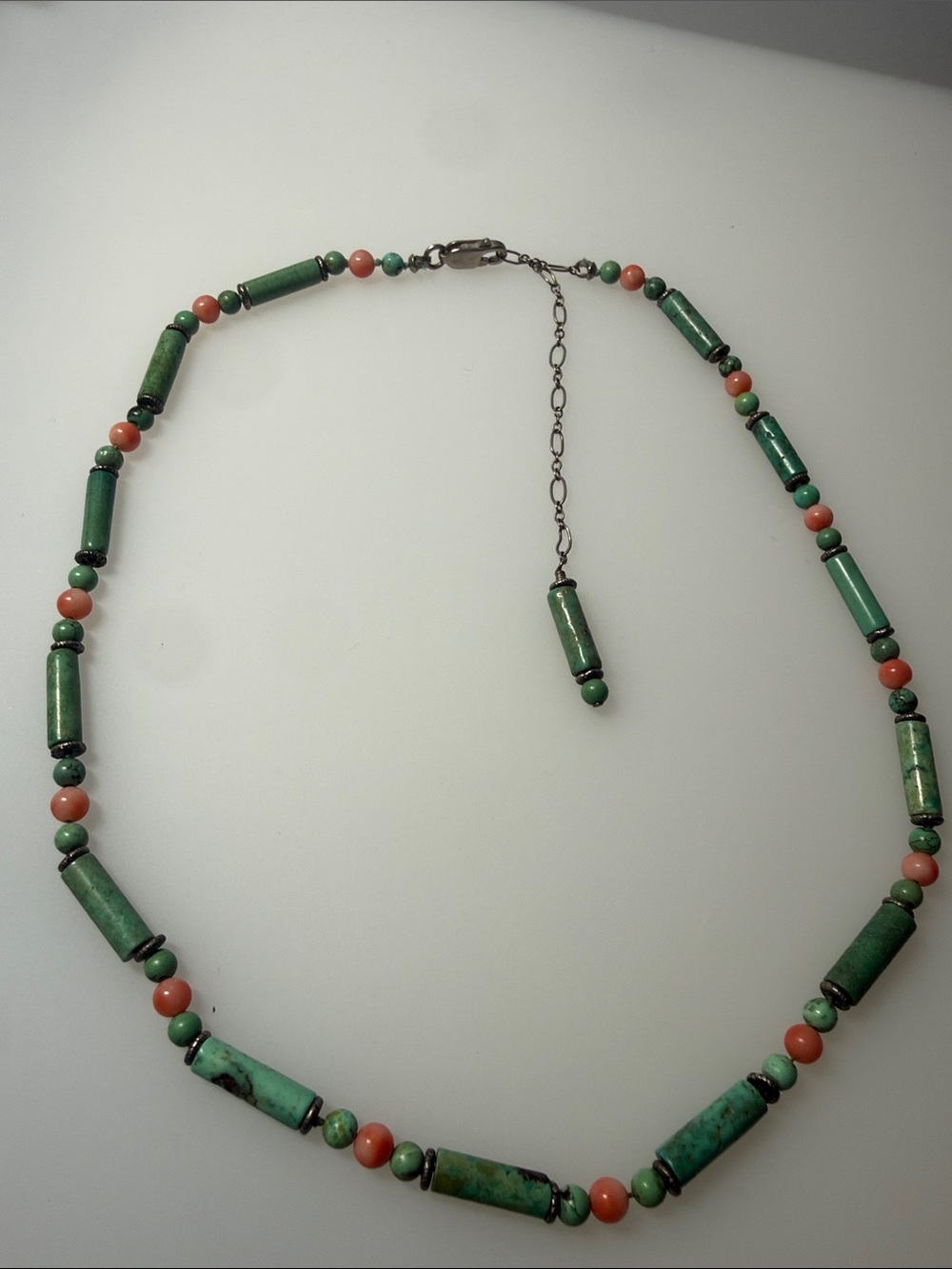 925 Green and Coral Bead Tube Necklace - Women’s Jewelry
